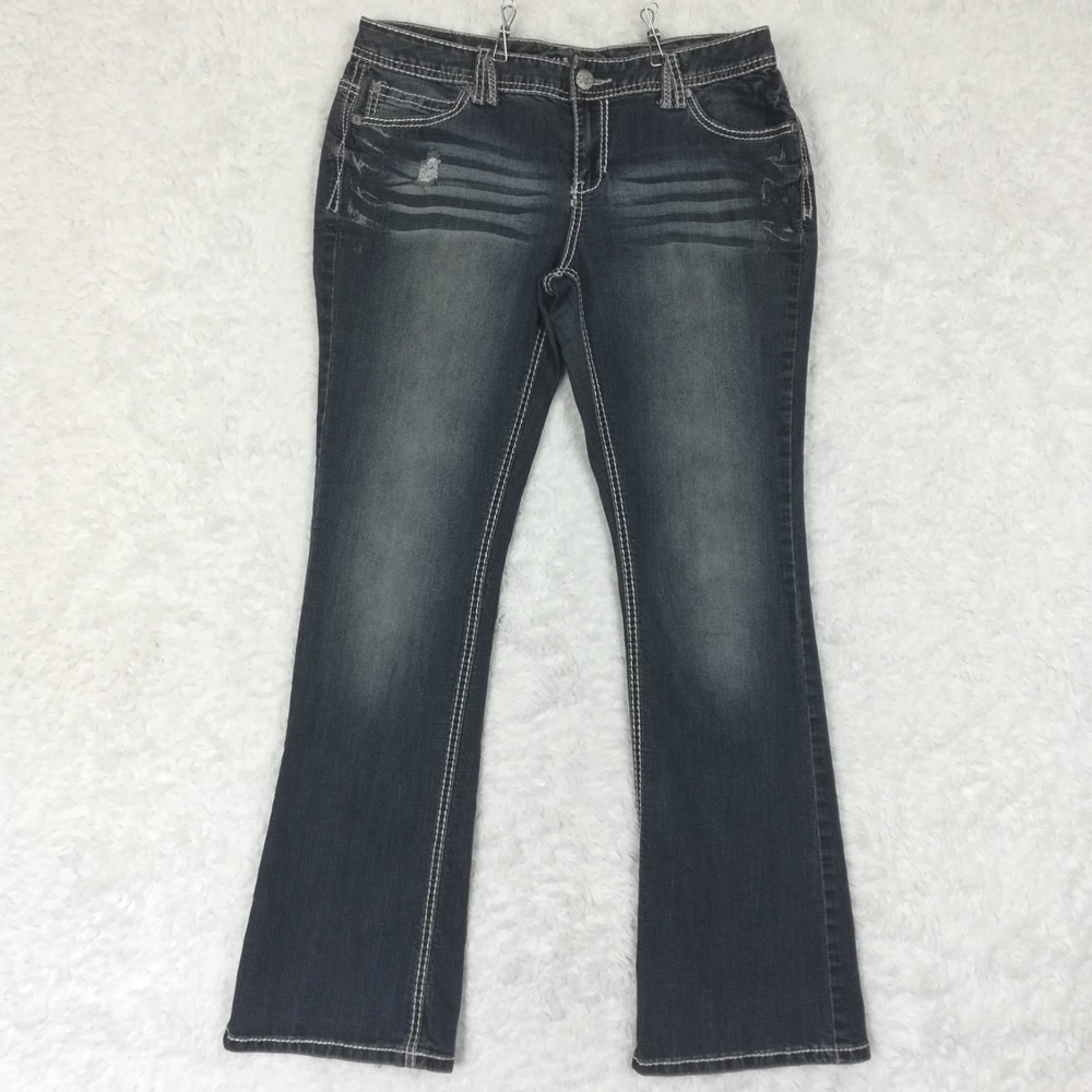 Maurices Womens Jeans Boot Cut Blue Denim Dark Wash Whiskering Mid Rise 11 12